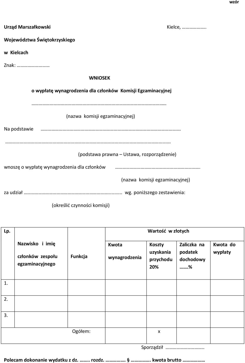 . (podstawa prawna Ustawa, rozporządzenie) wnoszę o wypłatę wynagrodzenia dla członków. (nazwa komisji egzaminacyjnej) za udział... wg.