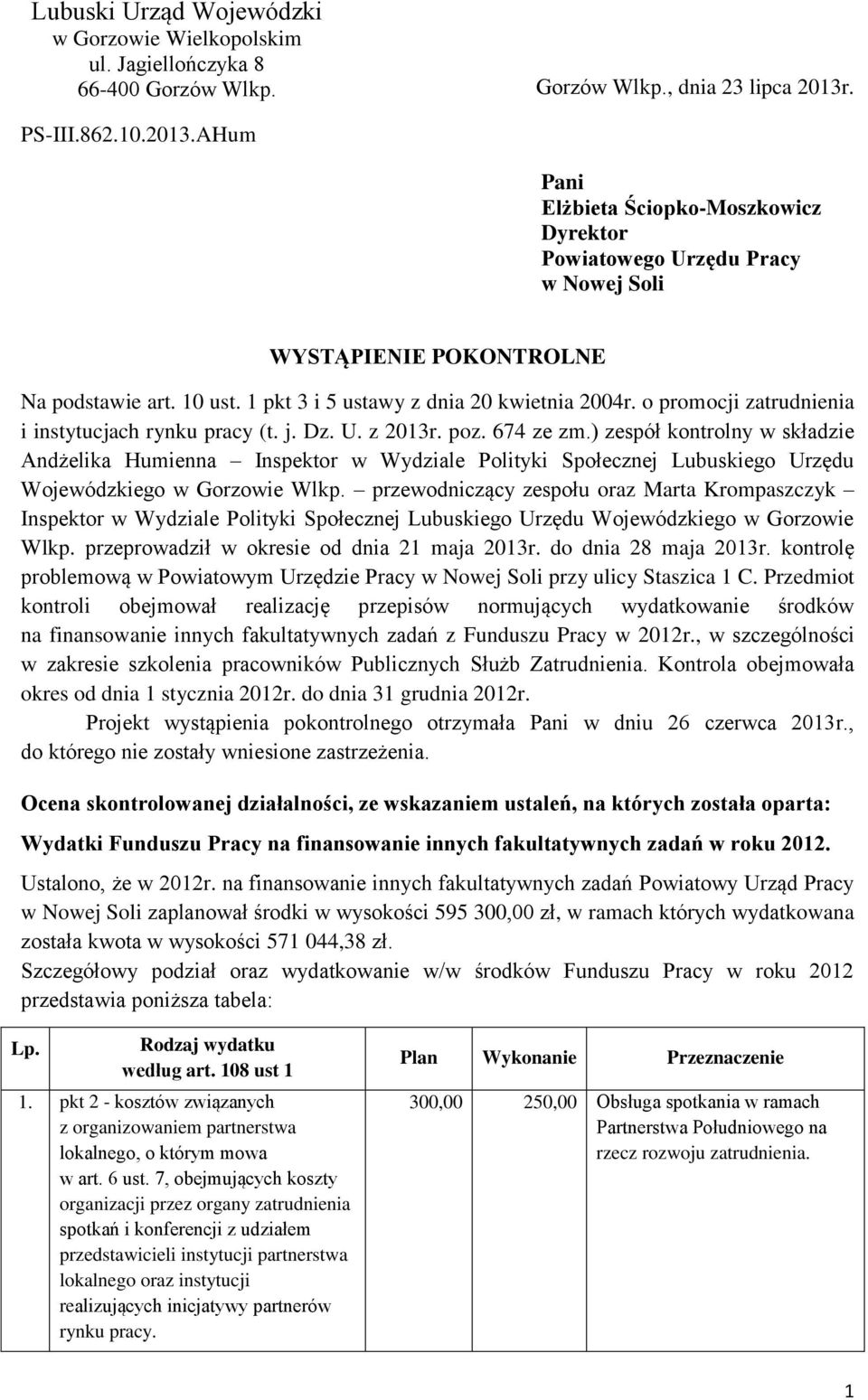 o promocji zatrudnienia i instytucjach rynku pracy (t. j. Dz. U. z 2013r. poz. 674 ze zm.