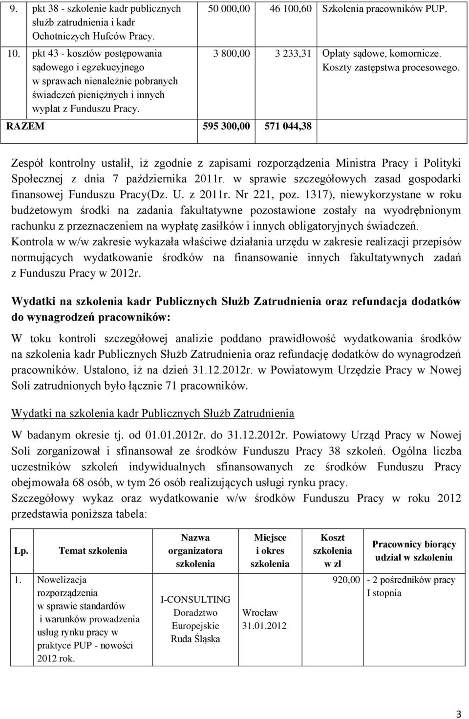 RAZEM 595 300,00 571 044,38 50 000,00 46 100,60 Szkolenia pracowników PUP. 3 800,00 3 233,31 Opłaty sądowe, komornicze. Koszty zastępstwa procesowego.