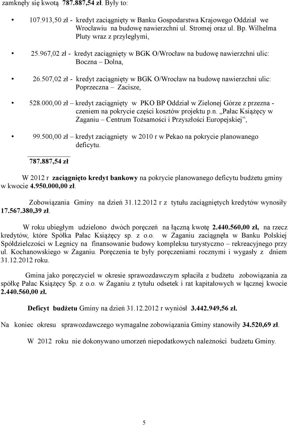 507,02 zł - kredyt zaciągnięty w BGK O/Wrocław na budowę nawierzchni ulic: Poprzeczna Zacisze, 528.