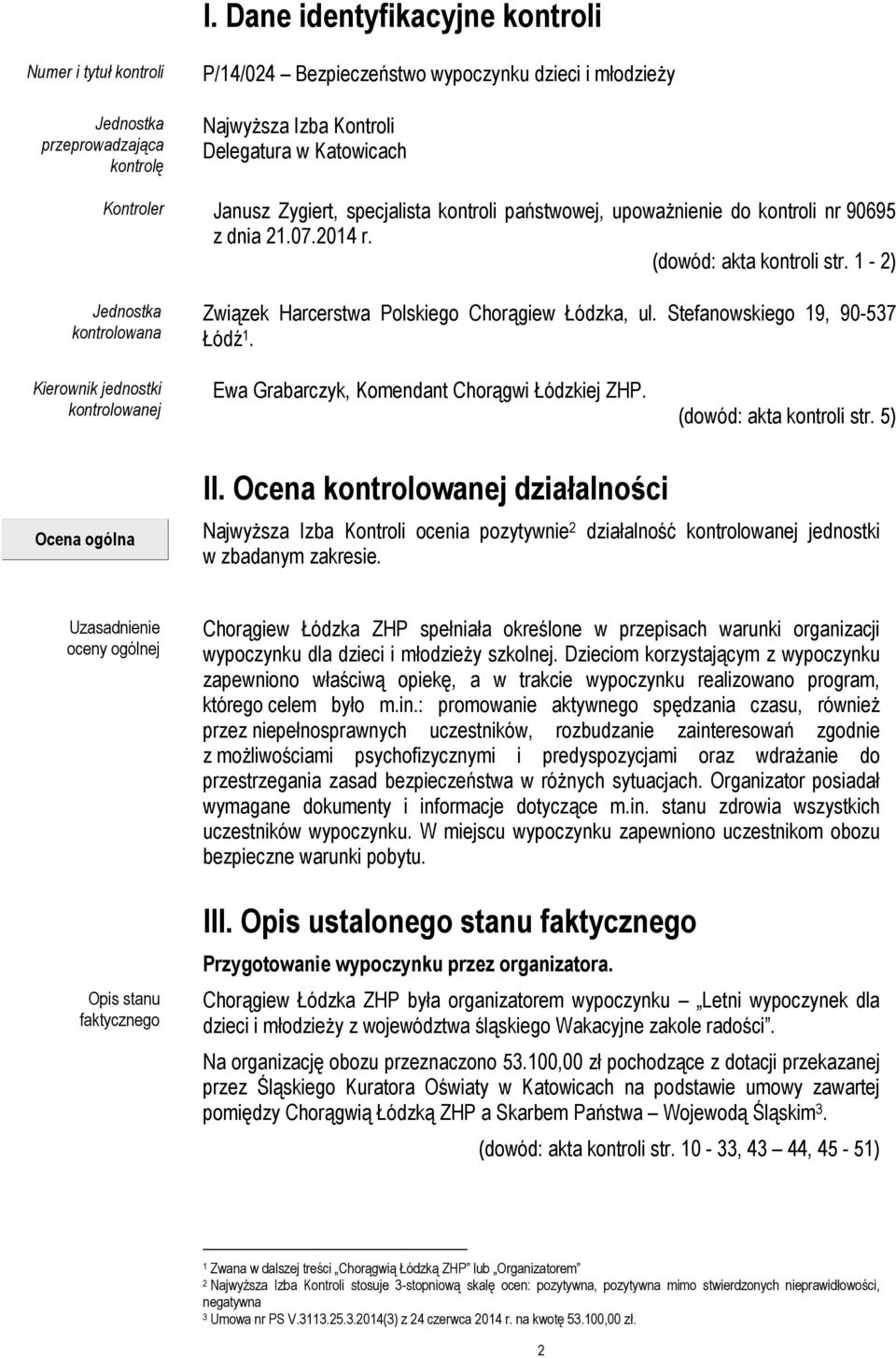 1-2) Jednostka kontrolowana Związek Harcerstwa Polskiego Chorągiew Łódzka, ul. Stefanowskiego 19, 90-537 Łódź 1. Kierownik jednostki kontrolowanej Ewa Grabarczyk, Komendant Chorągwi Łódzkiej ZHP.