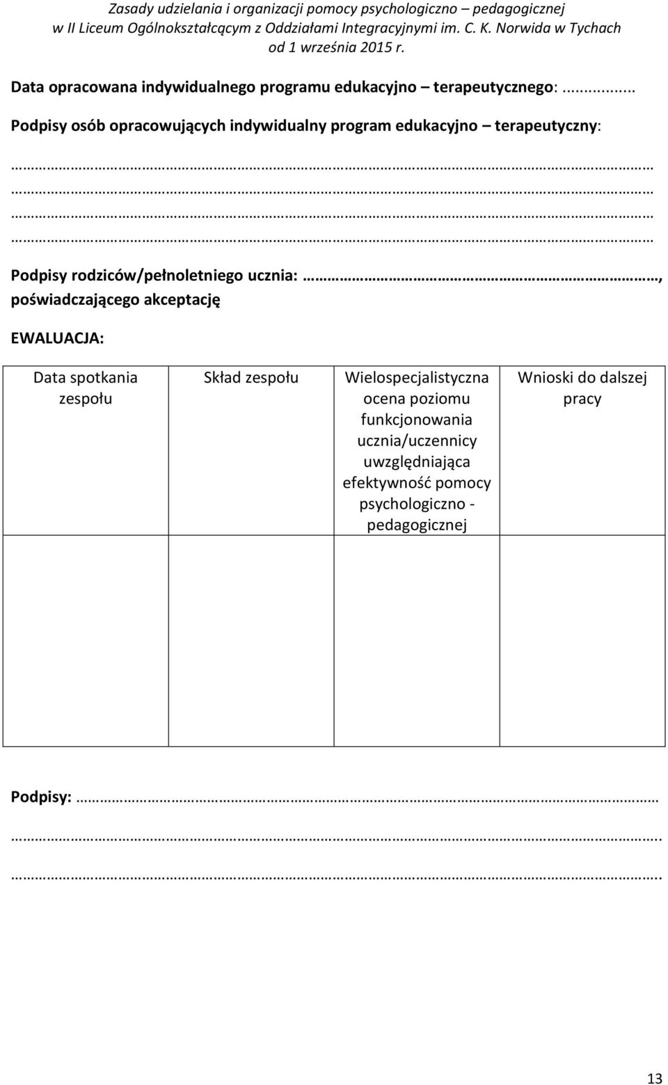 ucznia:, poświadczającego akceptację EWALUACJA: Data spotkania zespołu Skład zespołu Wielospecjalistyczna