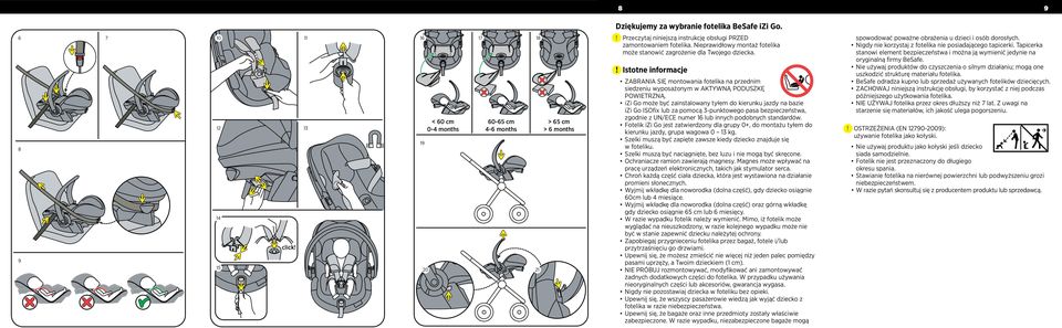 13 19 < 60 cm 0-4 months 17 18 60-65 cm 4-6 months 20 21 > 65 cm > 6 months Istotne informacje ZABRANIA SIĘ montowania fotelika na przednim siedzeniu wyposażonym w AKTYWNĄ PODUSZKĘ POWIETRZNĄ.