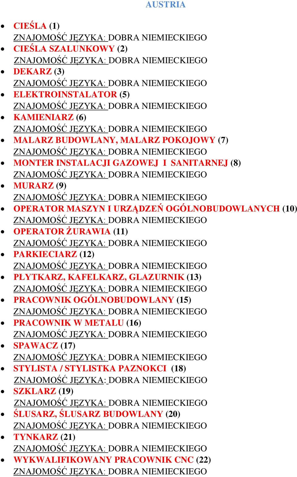 (11) PARKIECIARZ (12) PŁYTKARZ, KAFELKARZ, GLAZURNIK (13) PRACOWNIK OGÓLNOBUDOWLANY (15) PRACOWNIK W METALU (16) SPAWACZ (17)