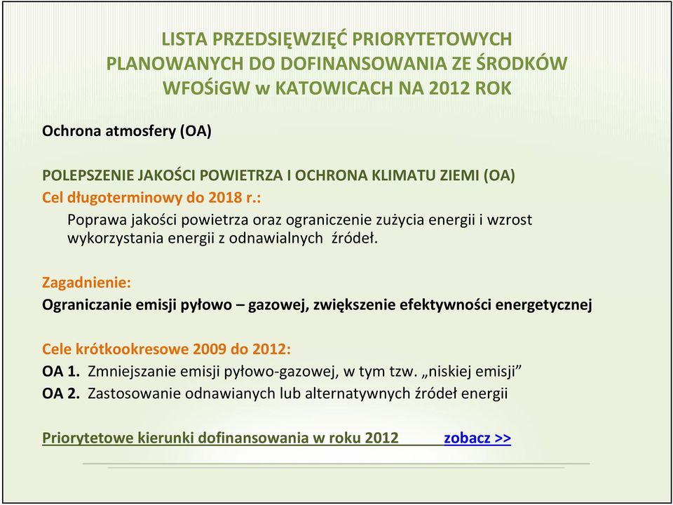 Zagadnienie: Ograniczanie emisji pyłowo gazowej, zwiększenie efektywności energetycznej Cele krótkookresowe 2009 do 2012: OA 1.