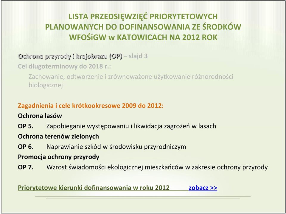 Ochrona lasów OP 5. Zapobieganie występowaniu i likwidacja zagrożeńw lasach Ochrona terenów zielonych OP 6.