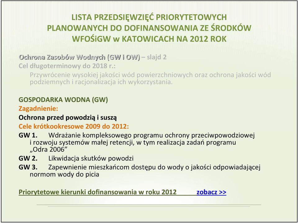 GOSPODARKA WODNA (GW) Zagadnienie: Ochrona przed powodzią i suszą Cele krótkookresowe 2009 do 2012: GW 1.