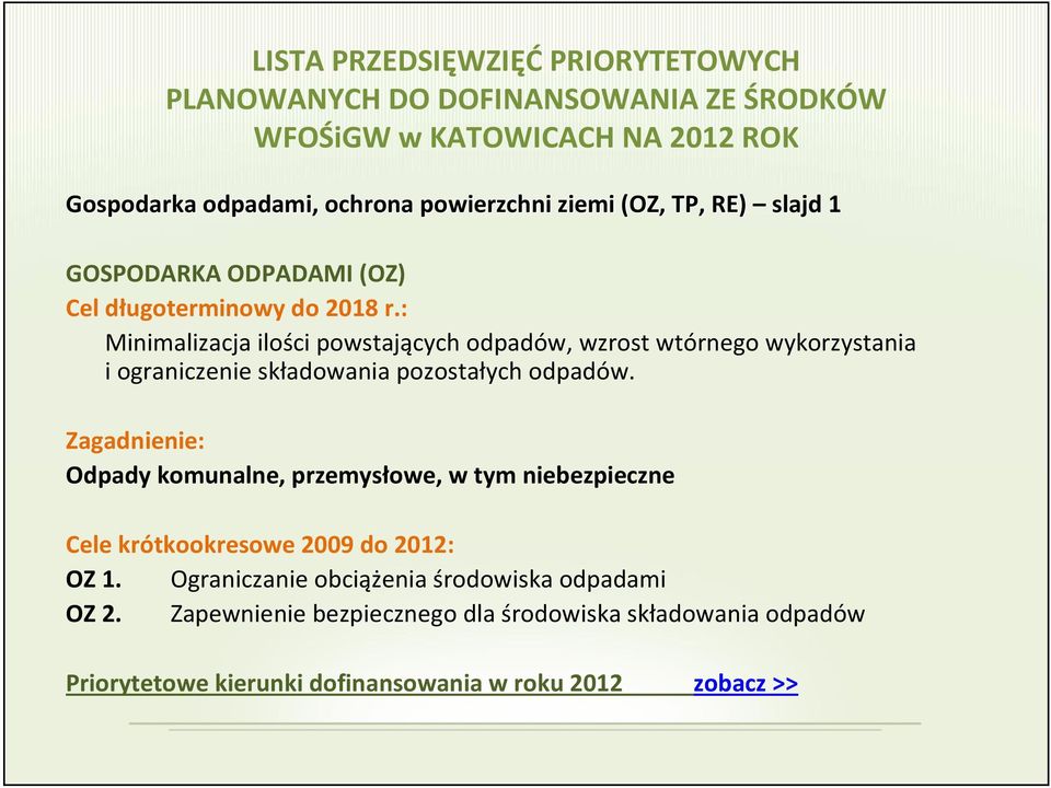 Zagadnienie: Odpady komunalne, przemysłowe, w tym niebezpieczne Cele krótkookresowe 2009 do 2012: OZ 1.