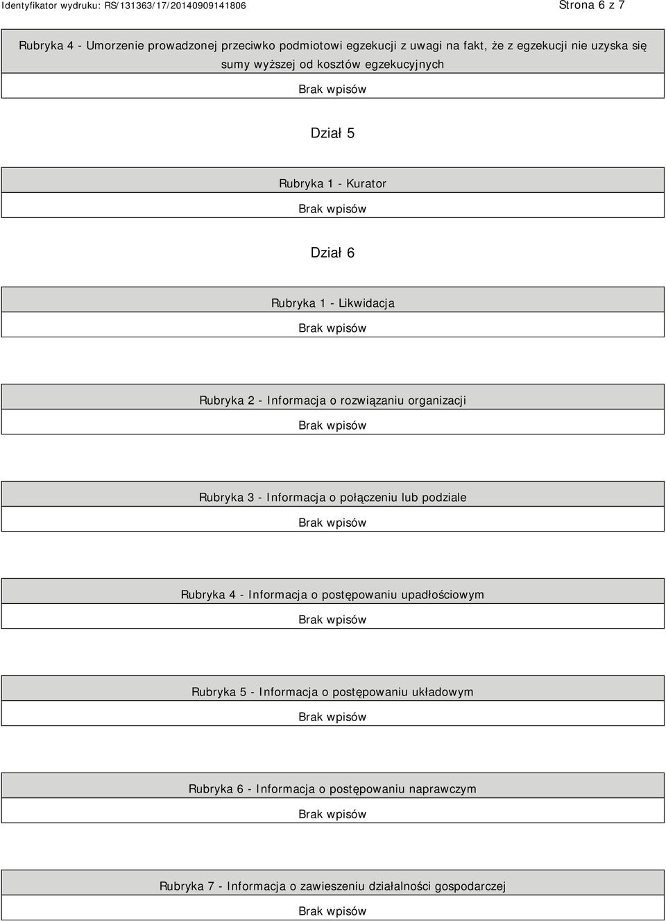 organizacji Rubryka 3 - Informacja o połączeniu lub podziale Rubryka 4 - Informacja o postępowaniu upadłościowym Rubryka 5 -
