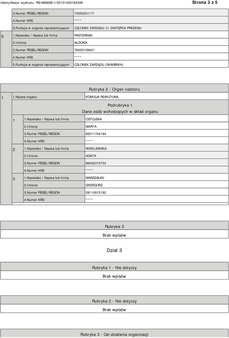 Nazwa organu KOMISJA REWIZYJNA Podrubryka 1 Dane osób wchodzących w skład organu 1 1.Nazwisko / Nazwa lub firma OSTOJSKA MARTA 3.