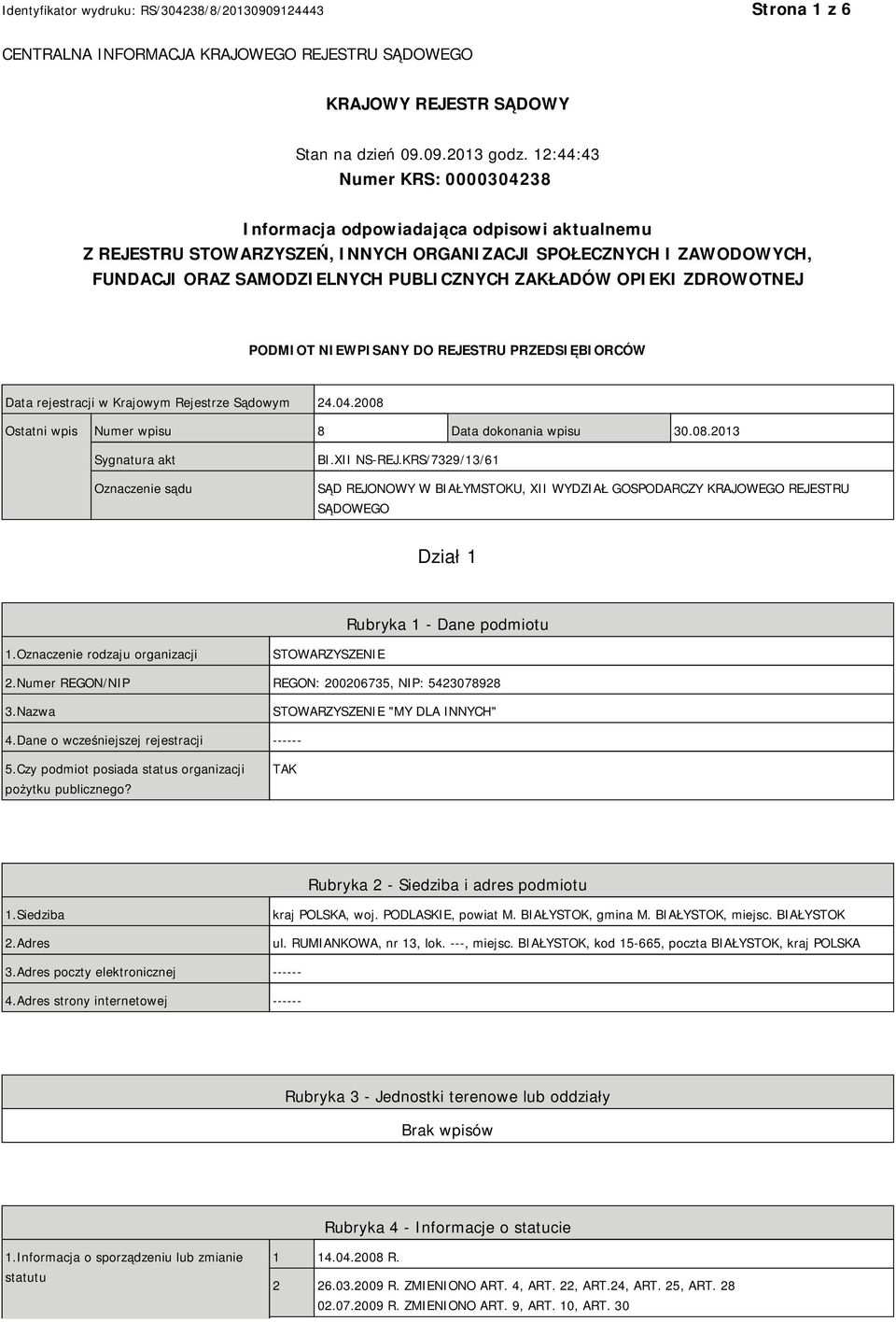 OPIEKI ZDROWOTNEJ PODMIOT NIEWPISANY DO REJESTRU PRZEDSIĘBIORCÓW Data rejestracji w Krajowym Rejestrze Sądowym 24.04.2008 Ostatni wpis Numer wpisu 8 Data dokonania wpisu 30.08.2013 Sygnatura akt Oznaczenie sądu BI.