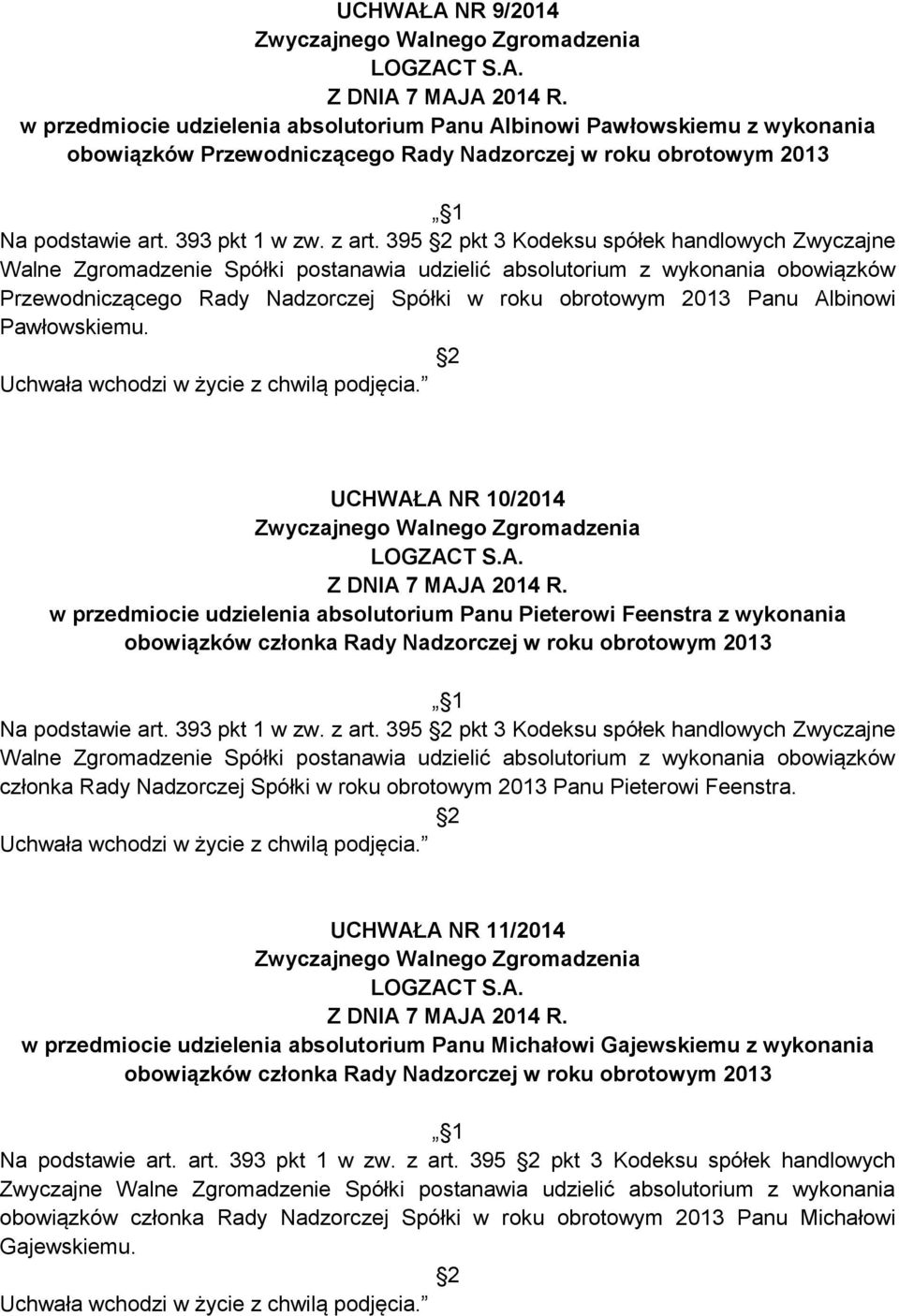 395 pkt 3 Kodeksu spółek handlowych Zwyczajne Walne Zgromadzenie Spółki postanawia udzielić absolutorium z wykonania obowiązków Przewodniczącego Rady Nadzorczej Spółki w roku obrotowym 2013 Panu