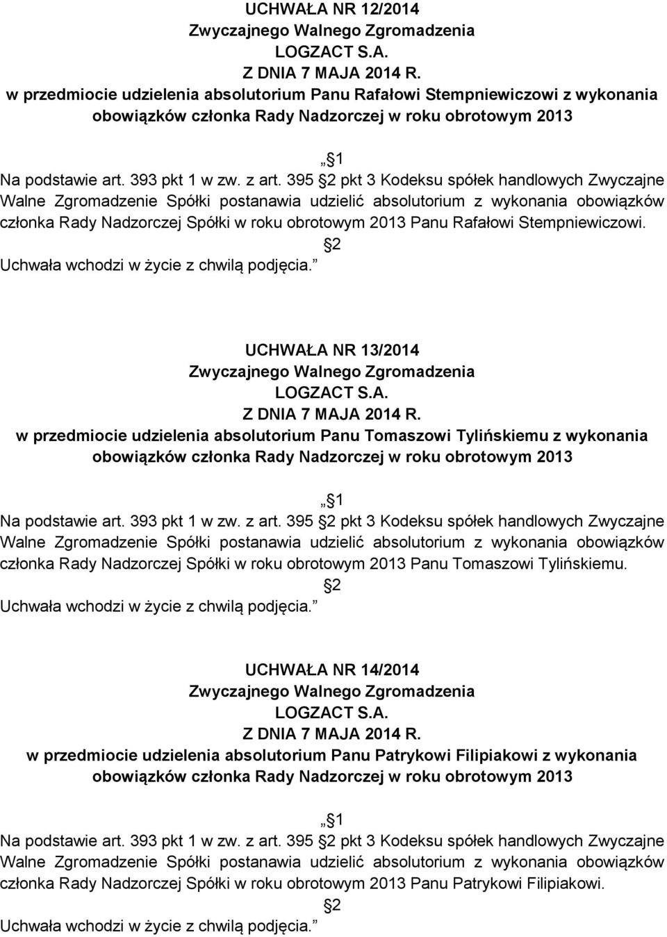 Stempniewiczowi. UCHWAŁA NR 13/2014 w przedmiocie udzielenia absolutorium Panu Tomaszowi Tylińskiemu z wykonania obowiązków członka Rady Nadzorczej w roku obrotowym 2013 Na podstawie art.