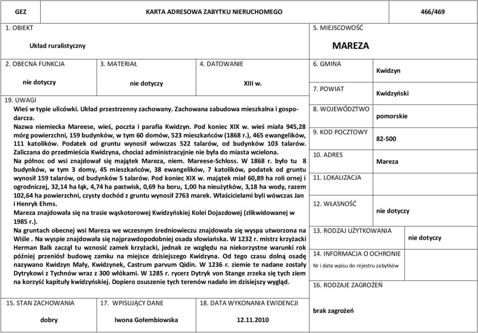 wieś miała 945,28 mórg powierzchni, 159 budynków, w tym 60 domów, 523 mieszkańców (1868 r.), 465 ewangelików, 111 katolików. Podatek od gruntu wynosił wówczas 522 talarów, od budynków 103 talarów.