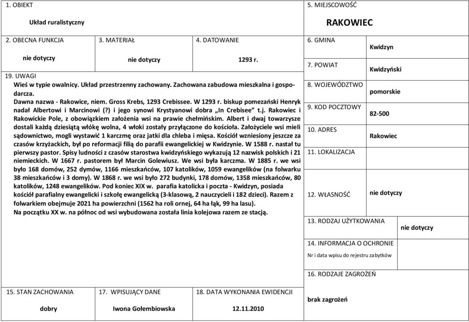 ) i jego synowi Krystyanowi dobra In Crebisee t.j. Rakowiec i Rakowickie Pole, z obowiązkiem założenia wsi na prawie chełmińskim.