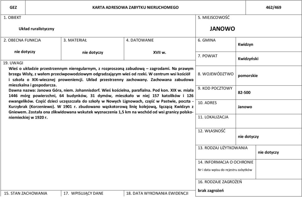 W centrum wsi kościół 8. WOJEWÓDZTWO i szkoła o XIX-wiecznej proweniencji. Układ przestrzenny zachowany. Zachowana zabudowa pomorskie mieszkalna i gospodarcza. Dawna nazwa: Janowa Góra, niem.