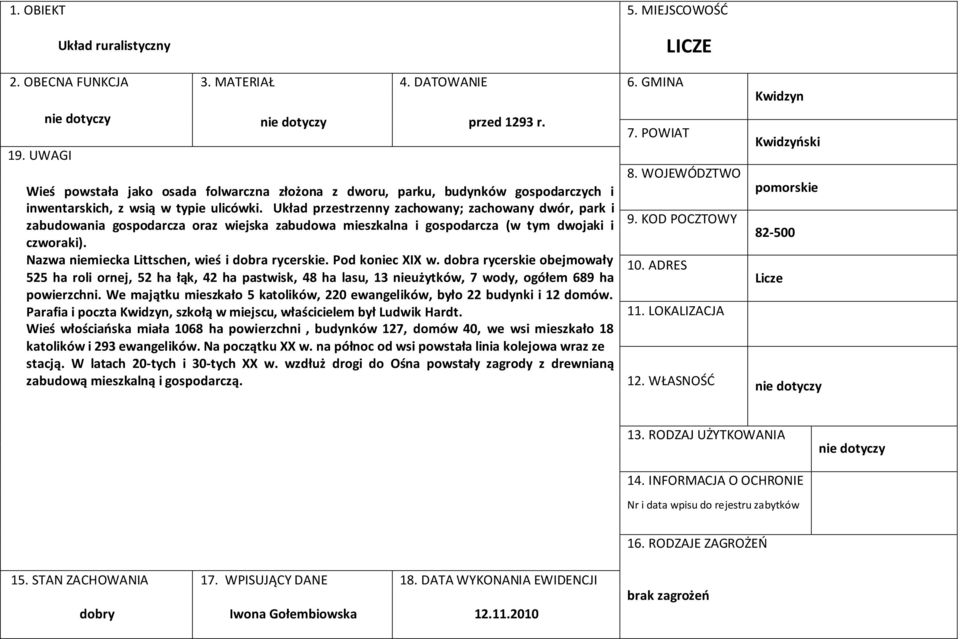 Układ przestrzenny zachowany; zachowany dwór, park i zabudowania gospodarcza oraz wiejska zabudowa mieszkalna i gospodarcza (w tym dwojaki i czworaki).