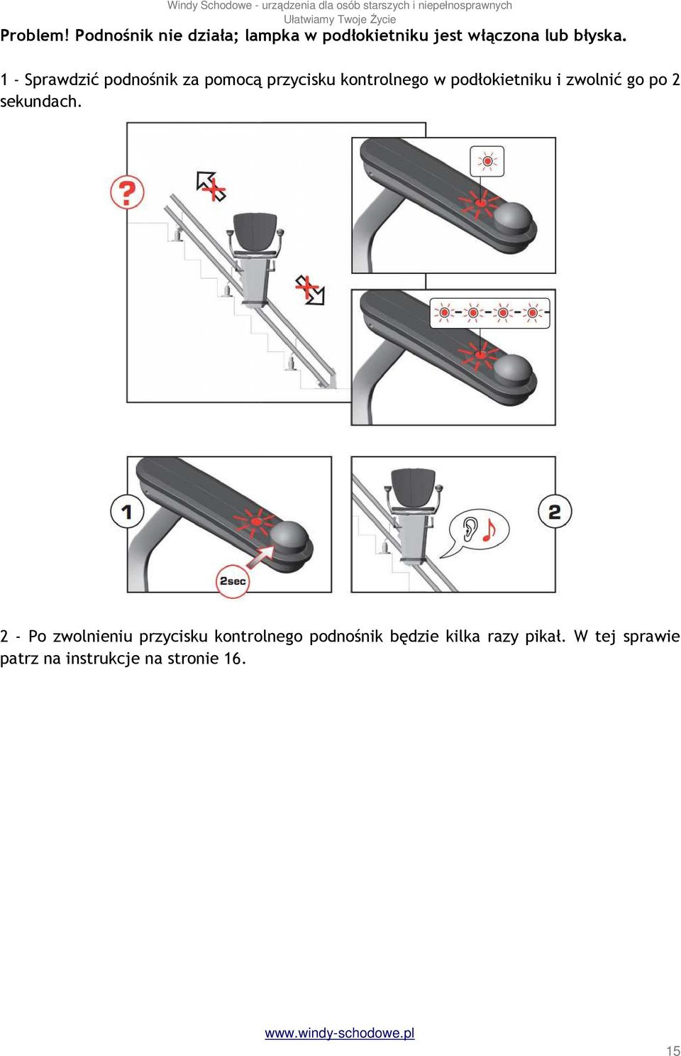 1 - Sprawdzić podnośnik za pomocą przycisku kontrolnego w podłokietniku i