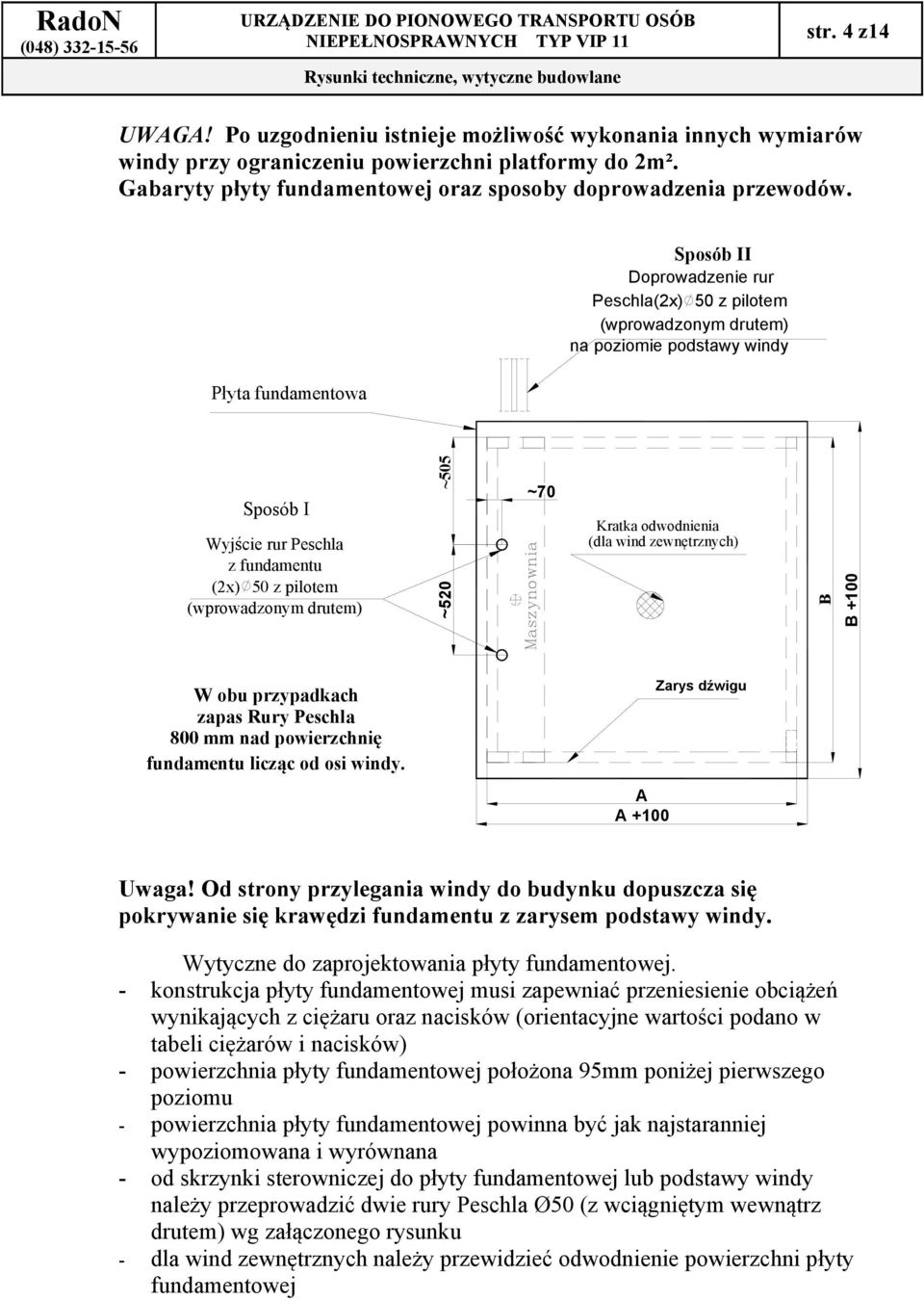 drutem) ~505 ~520 ~70 Kratka odwodnienia (dla wind zewnętrznych) B B +100 W obu przypadkach zapas Rury Peschla 800 mm nad powierzchnię fundamentu licząc od osi windy. Zarys dźwigu A A +100 Uwaga!