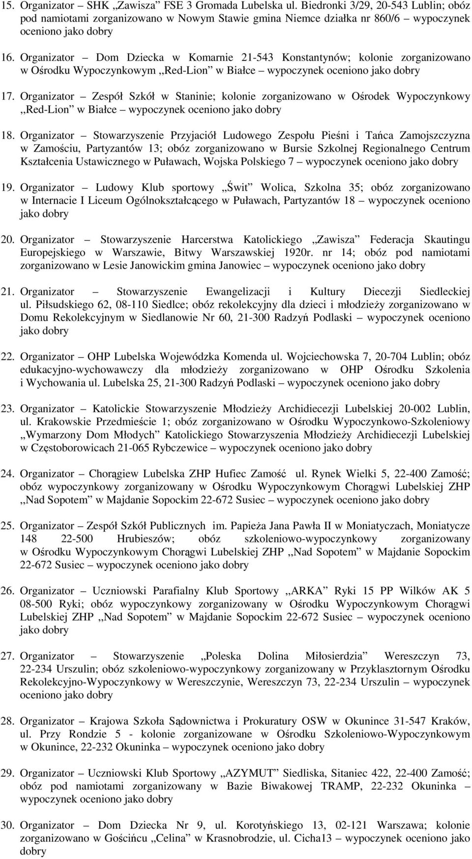Organizator Zespół Szkół w Staninie; kolonie zorganizowano w Ośrodek Wypoczynkowy,,Red-Lion w Białce 18.