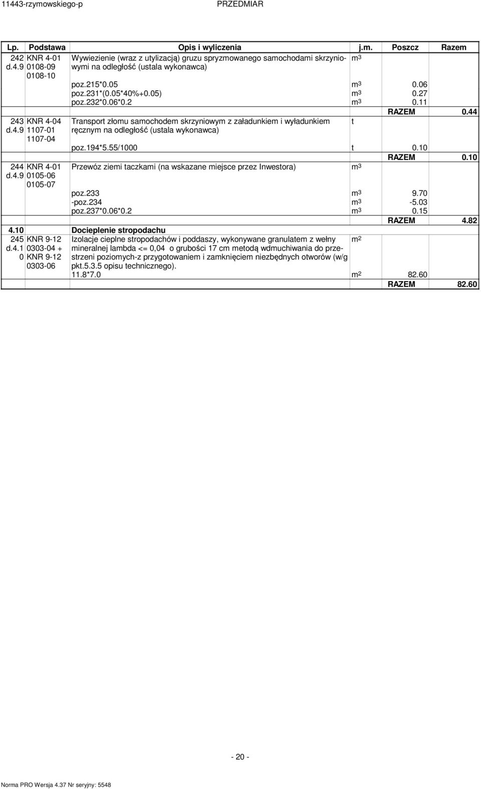 Transport złou saochode skrzyniowy z załadunkie i wyładunkie ręczny na odległość (ustala wykonawca) t RAZEM 0.44 poz.94*5.55/000 t 0.0 RAZEM 0.