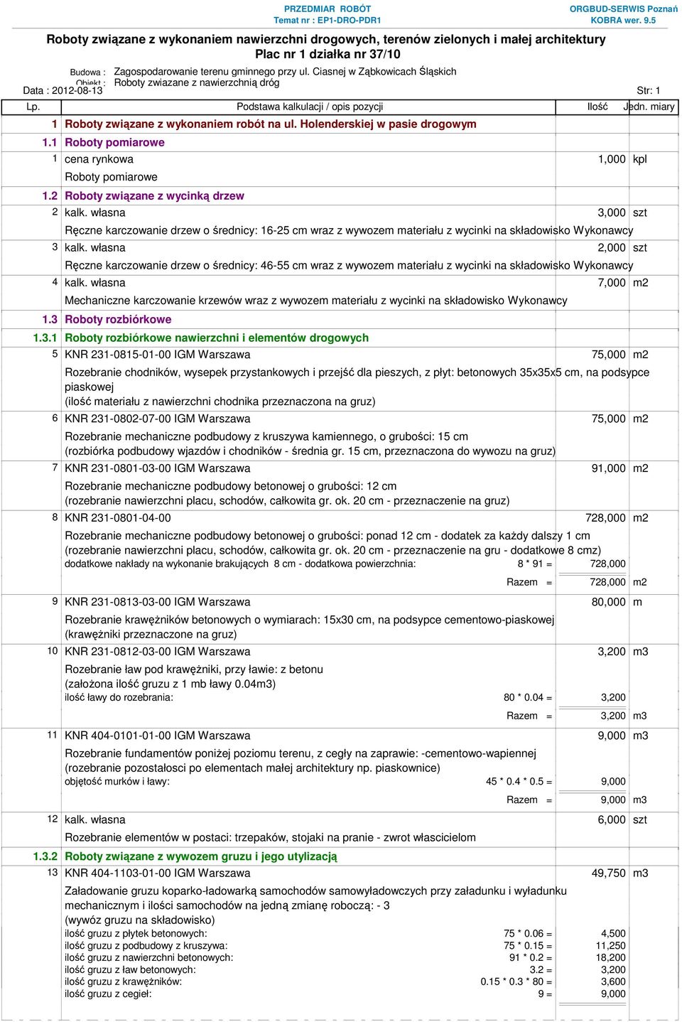 własna 3,000 szt Ręczne karczowanie drzew o średnicy: 16-25 cm wraz z wywozem materiału z wycinki na składowisko Wykonawcy 3 kalk.