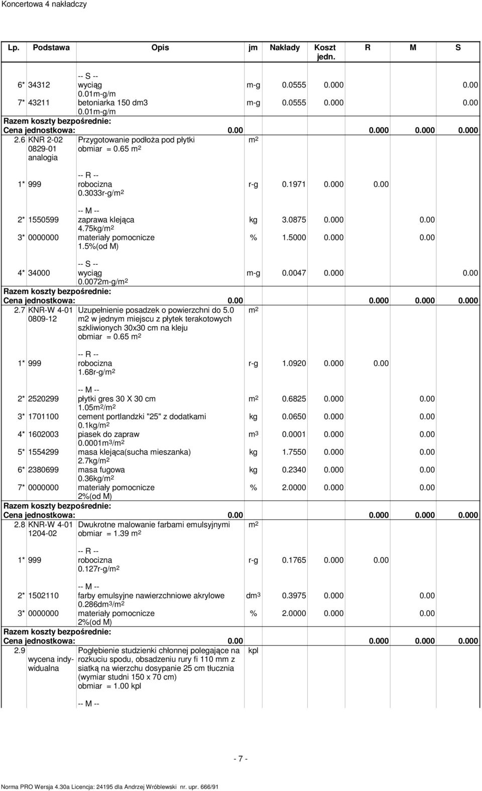 7 KNR-W 4-01 0809-12 Uzupełnienie posadzek o powierzchni do 5.0 m2 w jednym miejscu z płytek terakotowych szkliwionych 30x30 cm na kleju obmiar = 0.65 1.68r-g/ r-g 1.0920 0.000 0.00 0.6825 0.000 0.00 kg 0.