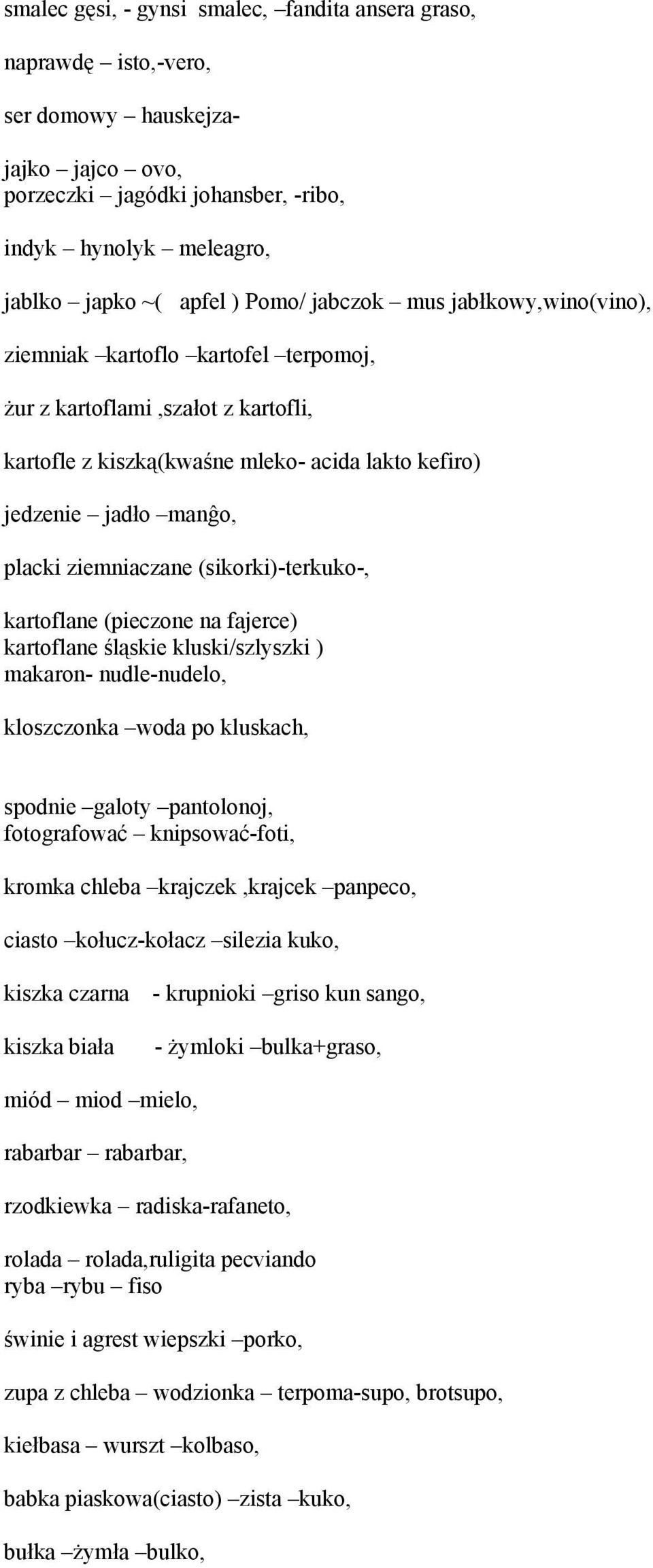 ziemniaczane (sikorki)-terkuko-, kartoflane (pieczone na fajerce) kartoflane śląskie kluski/szlyszki ) makaron- nudle-nudelo, kloszczonka woda po kluskach, spodnie galoty pantolonoj, fotografować