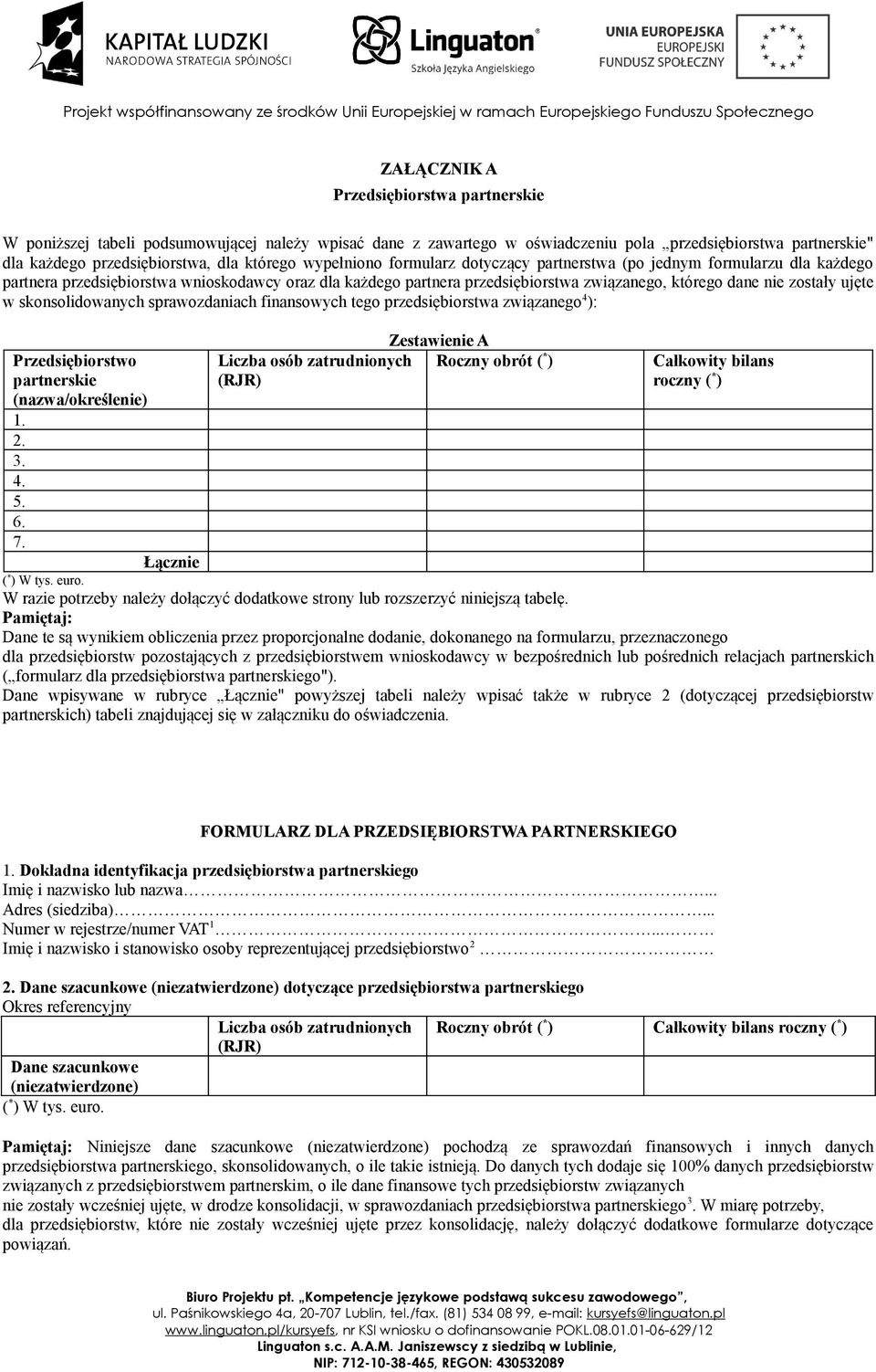 ujęte w skonsolidowanych sprawozdaniach finansowych tego przedsiębiorstwa związanego 4 ): Przedsiębiorstwo partnerskie (nazwa/określenie) 1. 2. 3. 4. 5. 6. 7.