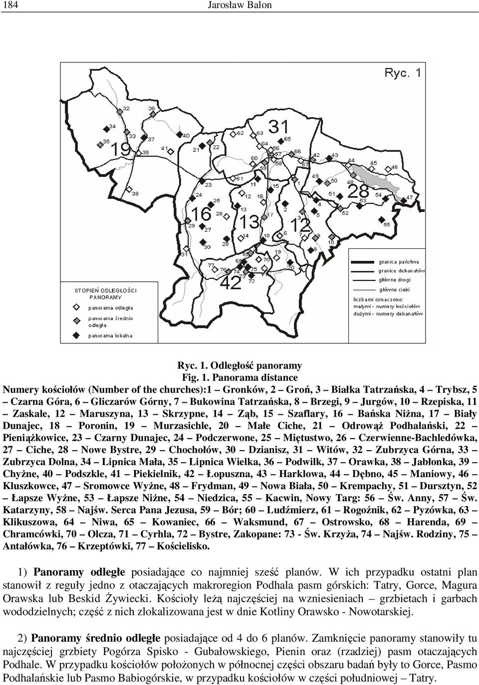 Panorama distance Numery kościołów (Number of the churches):1 Gronków, 2 Groń, 3 Białka Tatrzańska, 4 Trybsz, 5 Czarna Góra, 6 Gliczarów Górny, 7 Bukowina Tatrzańska, 8 Brzegi, 9 Jurgów, 10 Rzepiska,