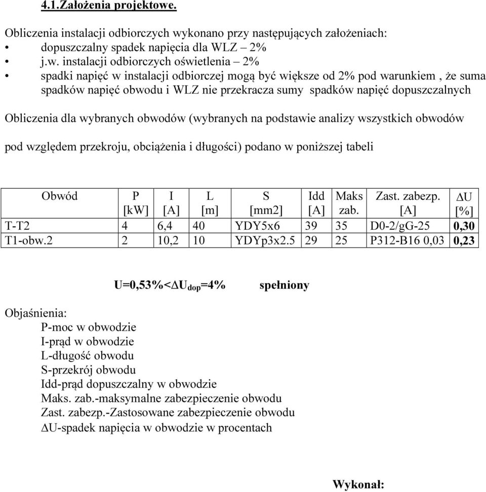 konano przy następujących założeniach: dopuszczalny spadek napięcia dla WLZ 2% j.w.