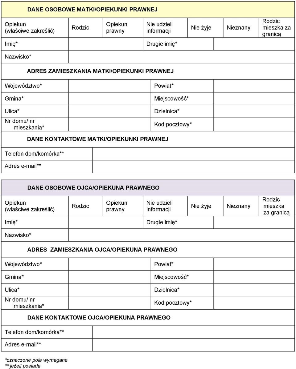 OJCA/OPIEKUNA PRAWNEGO (właściwe zakreślić) prawny Nie udzieli informacji Nie żyje Nieznany mieszka za granicą Imię* Drugie imię* ADRES