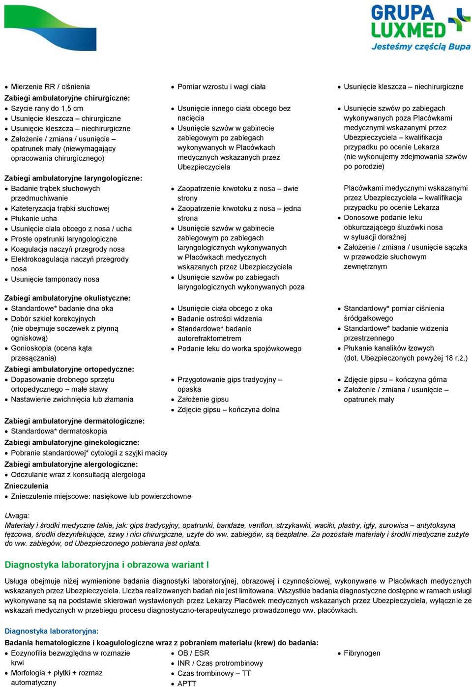 Usunięcie ciała obcego z nosa / ucha Proste opatrunki laryngologiczne Koagulacja naczyń przegrody nosa Elektrokoagulacja naczyń przegrody nosa Usunięcie tamponady nosa Zabiegi ambulatoryjne