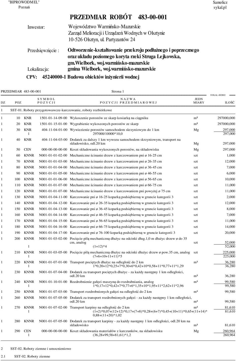 warmińsko-mazurskie Lokalizacja: gmina Wielbork, woj.warmińsko-mazurskie CPV: 45240000-1 Budowa obiektów inżynierii wodnej PRZEDMIAR 483-00-001 Strona 1 1 SST-01.