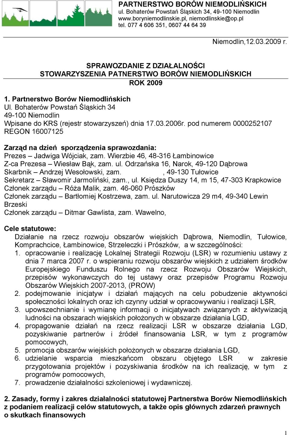 Bohaterów Powstań Śląskich 34 49-100 Niemodlin Wpisane do KRS (rejestr stowarzyszeń) dnia 17.03.2006r.