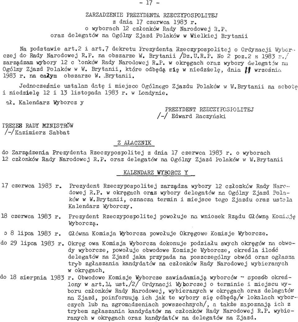 U.R.P. No 2 poz.2 a 1983 r,/ zarządzam wybory 12 c lonków Rady Narodowej R*P. w okręgach oraz wybory delegatów na Ogólny Zjazd Polaków w W.
