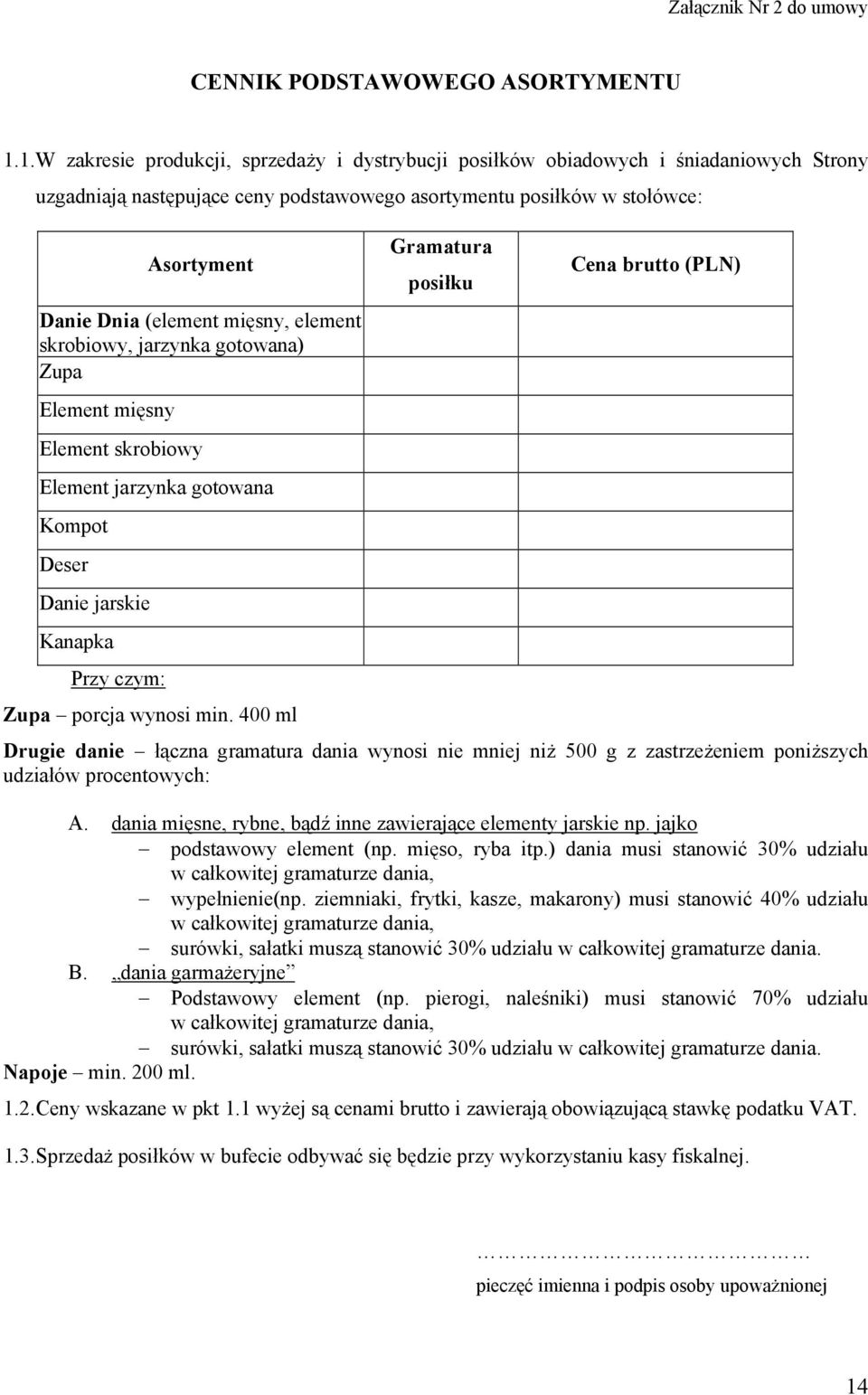mięsny, element skrobiowy, jarzynka gotowana) Zupa Element mięsny Element skrobiowy Element jarzynka gotowana Kompot Deser Danie jarskie Kanapka Przy czym: Gramatura posiłku Cena brutto (PLN) Zupa
