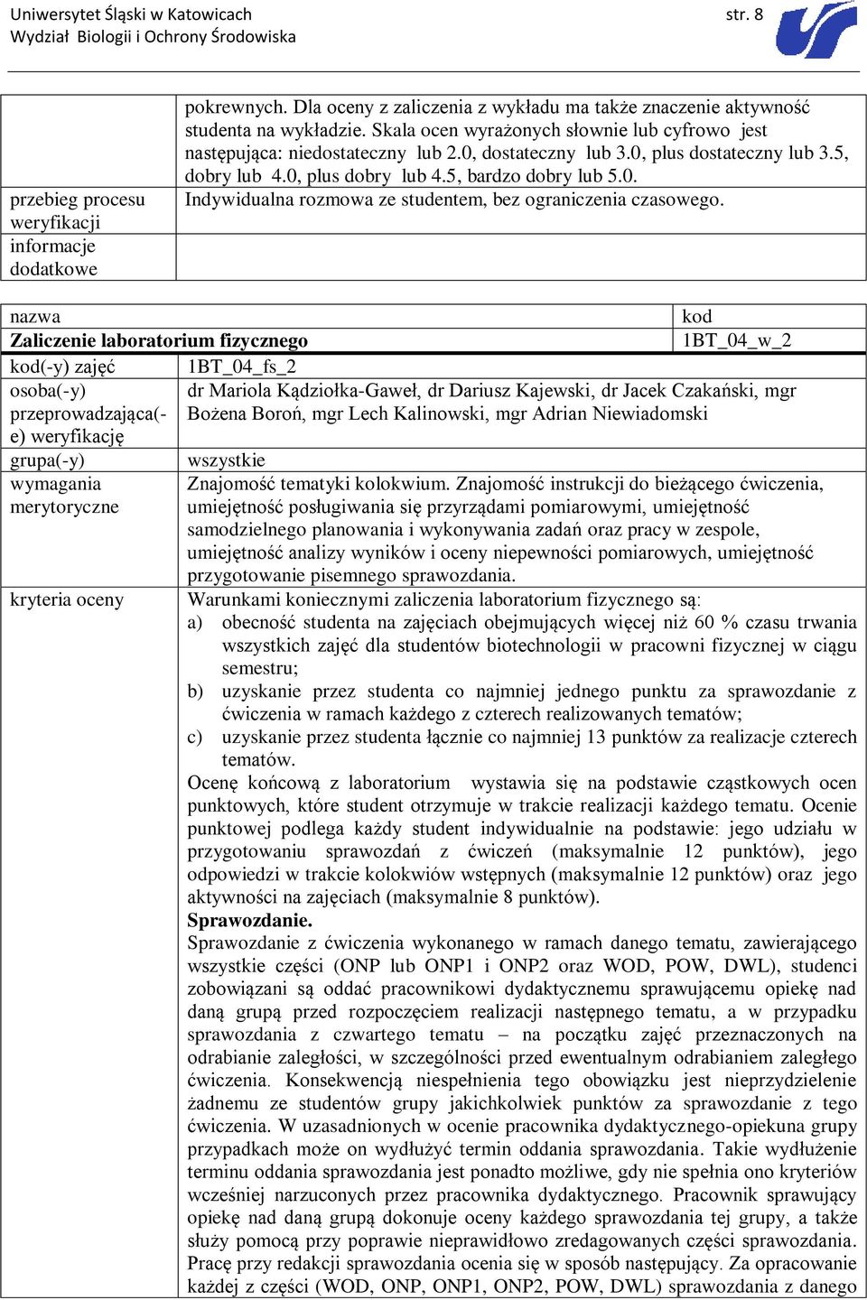 nazwa Zaliczenie laboratorium fizycznego kod(-y) zajęć 1BT_04_fs_2 osoba(-y) przeprowadzająca(- e) weryfikację grupa(-y) wymagania merytoryczne kryteria oceny kod 1BT_04_w_2 dr Mariola