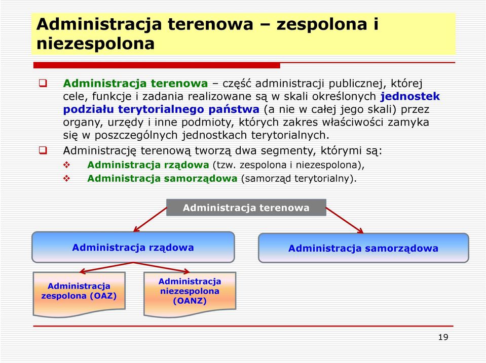 poszczególnych jednostkach terytorialnych. Administrację terenową tworzą dwa segmenty, którymi są: Administracja rządowa (tzw.