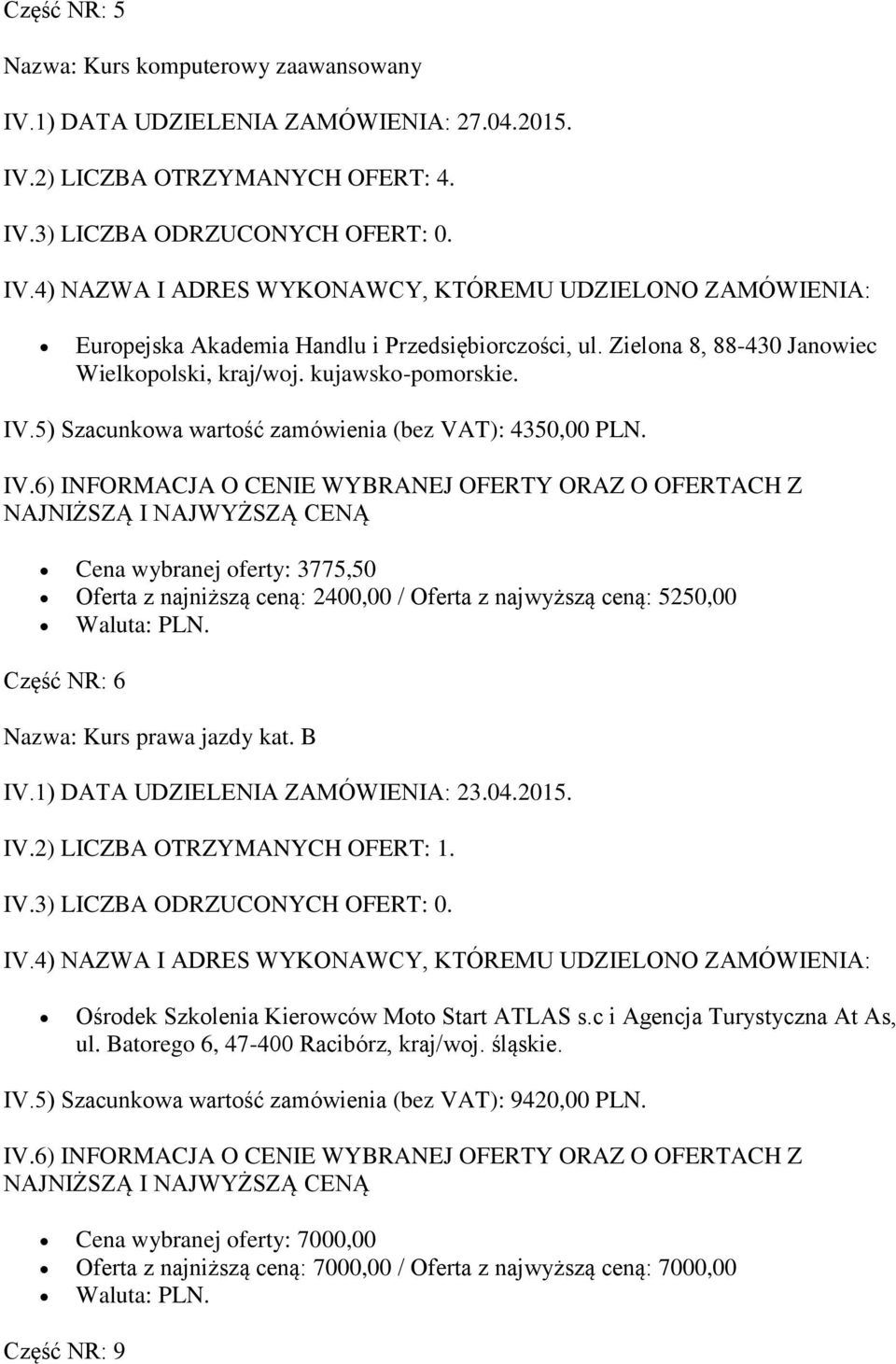 Cena wybranej oferty: 3775,50 Oferta z najniższą ceną: 2400,00 / Oferta z najwyższą ceną: 5250,00 Waluta: PLN. Część NR: 6 Nazwa: Kurs prawa jazdy kat. B IV.1) DATA UDZIELENIA ZAMÓWIENIA: 23.04.2015.