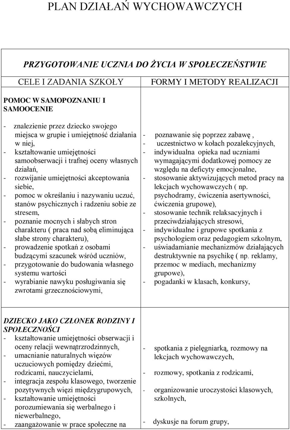 uczuć, stanów psychicznych i radzeniu sobie ze stresem, - poznanie mocnych i słabych stron charakteru ( praca nad sobą eliminująca słabe strony charakteru), - prowadzenie spotkań z osobami budzącymi