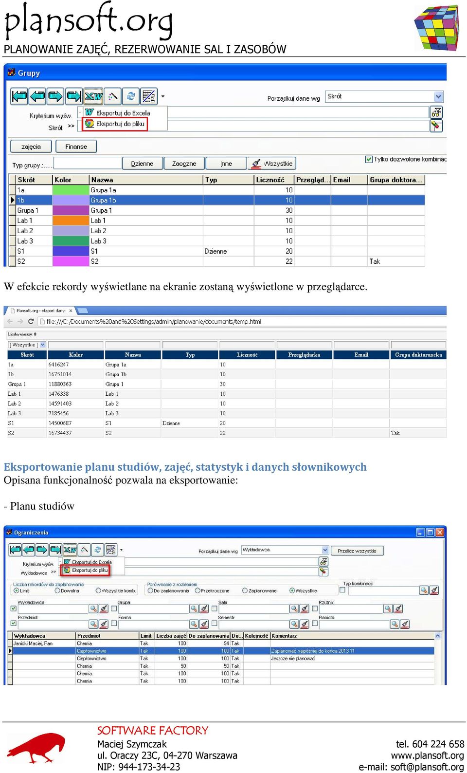 Eksportowanie planu studiów, zajęć, statystyk i