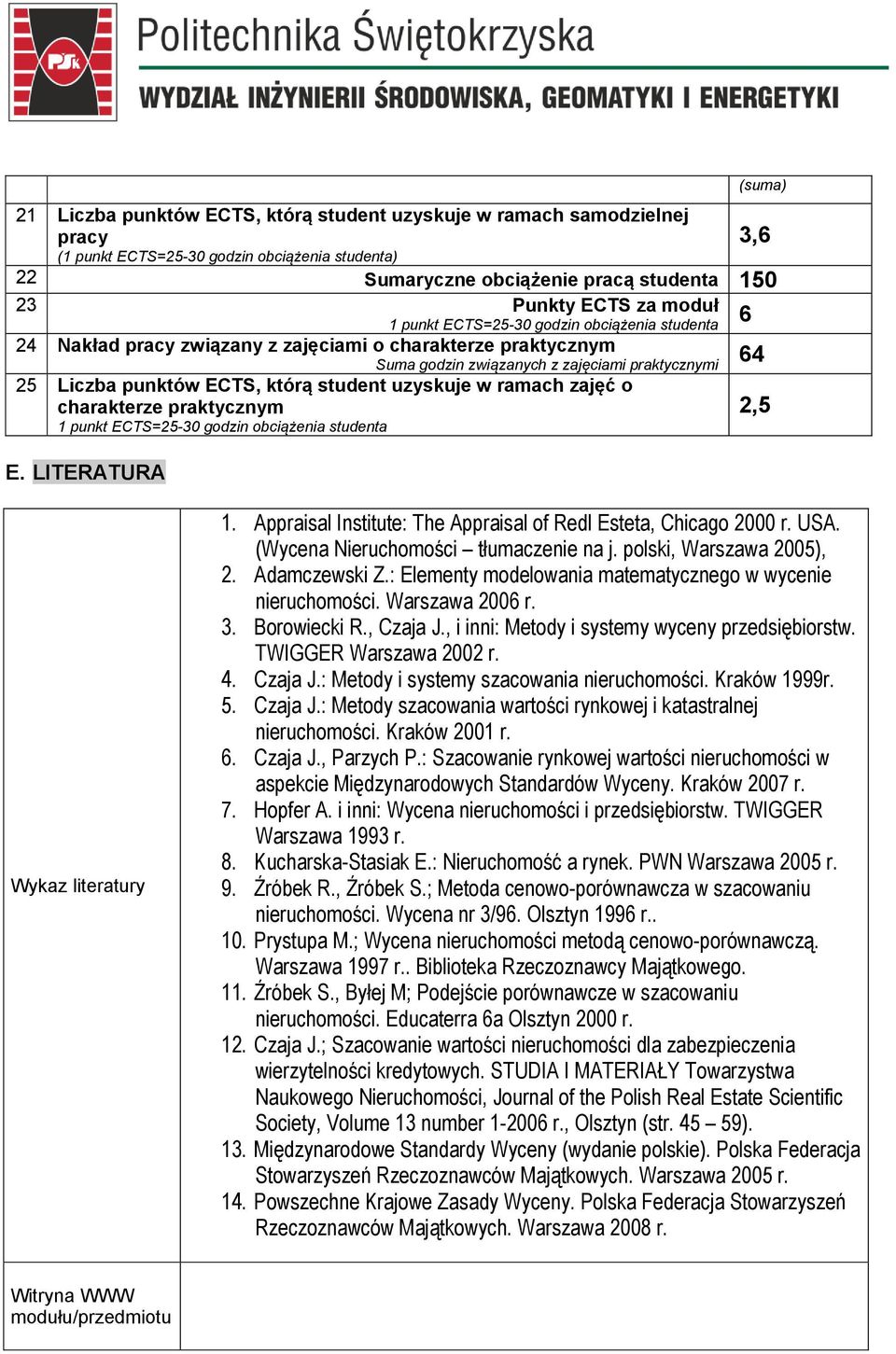 uzyskuje w ramach zajęć o charakterze praktycznym 1 punkt ECTS=25-30 godzin obciążenia studenta E. LITERATURA 3,6 2,5 Wykaz literatury 1.