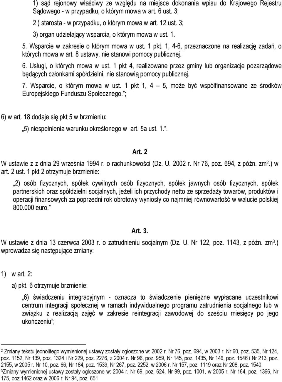 8 ustawy, nie stanowi pomocy publicznej. 6. Usługi, o których mowa w ust. 1 pkt 4, realizowane przez gminy lub organizacje pozarządowe będących członkami spółdzielni, nie stanowią pomocy publicznej.