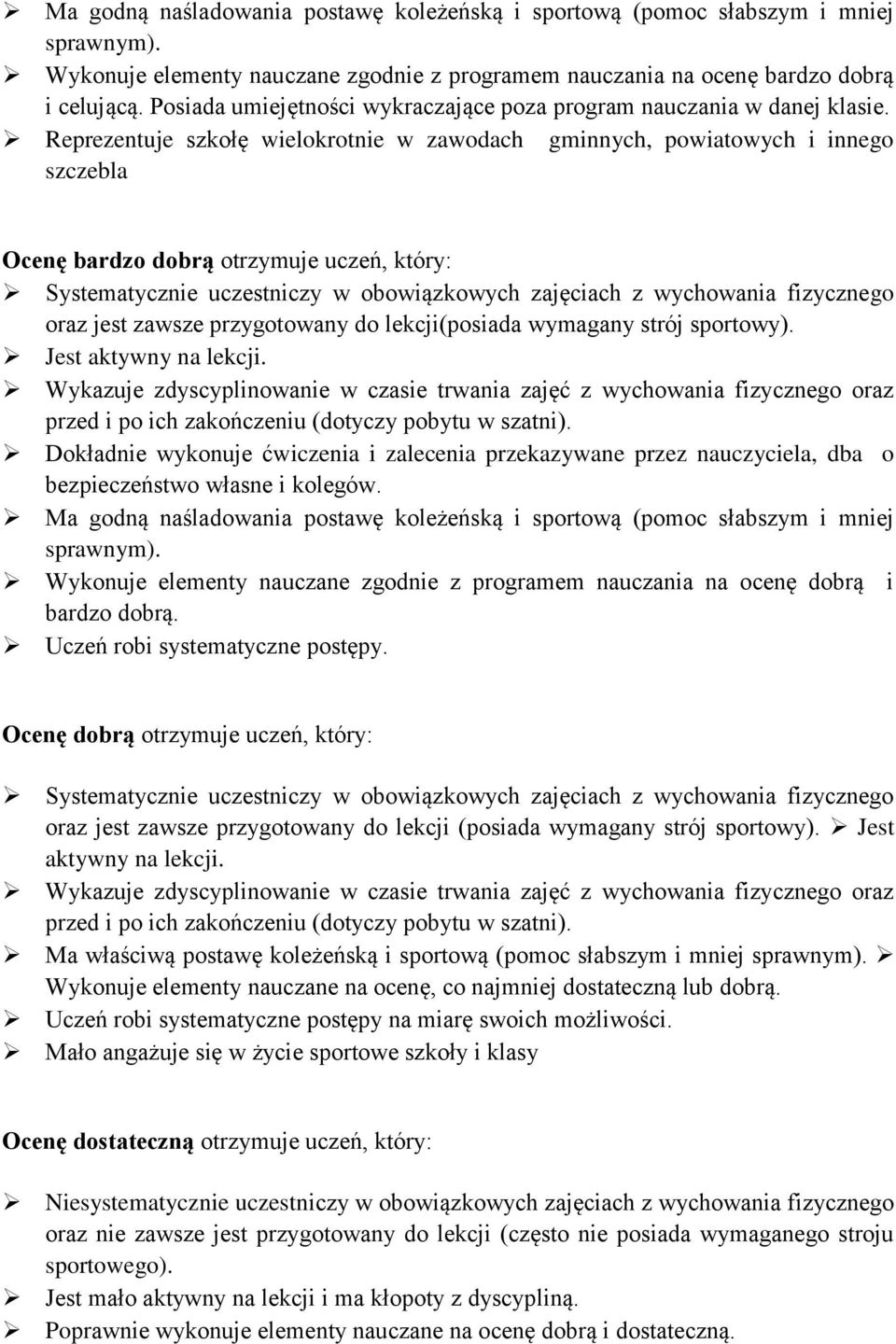 Reprezentuje szkołę wielokrotnie w zawodach gminnych, powiatowych i innego szczebla Ocenę bardzo dobrą otrzymuje uczeń, który: Systematycznie uczestniczy w obowiązkowych zajęciach z wychowania