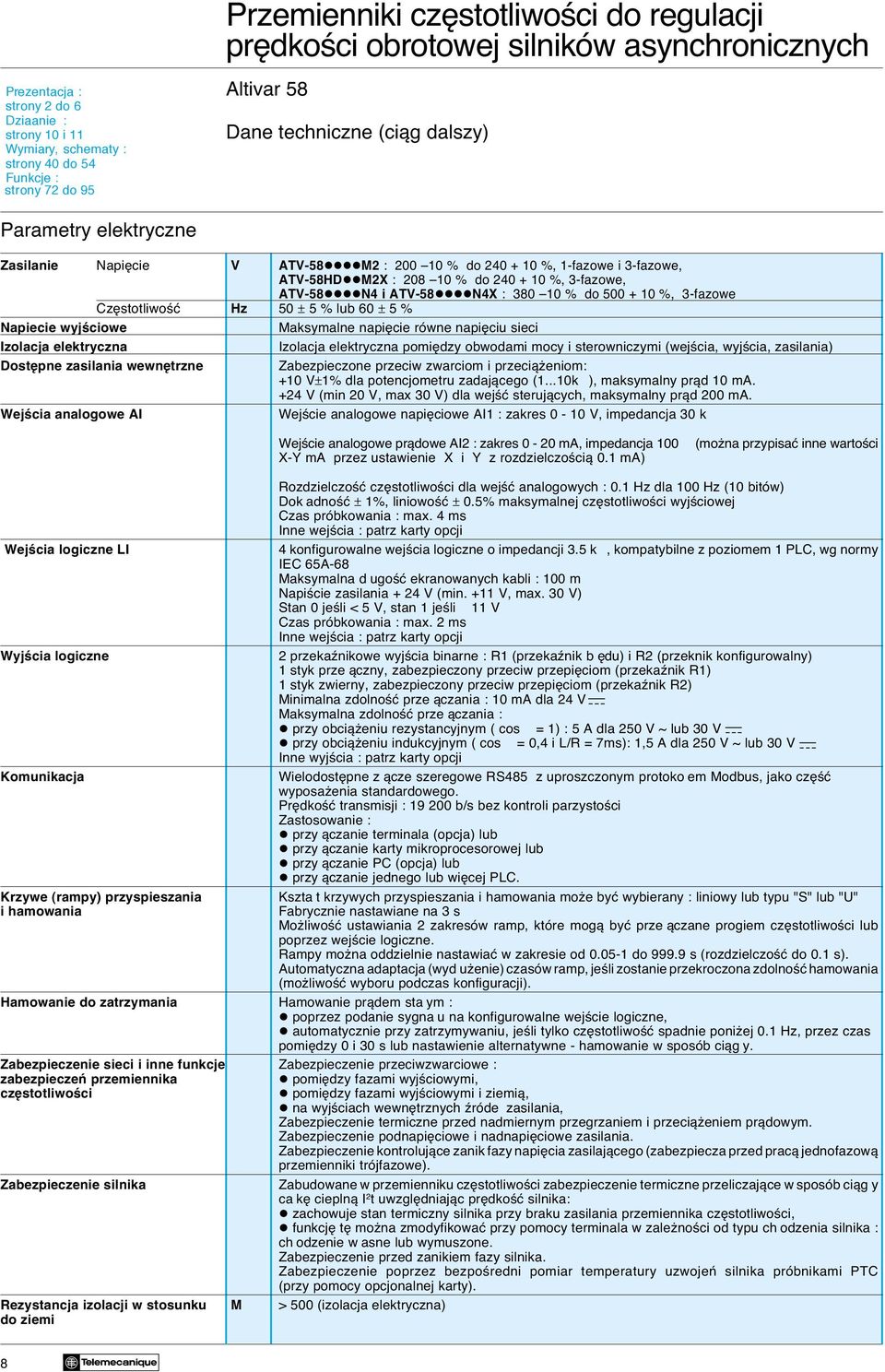 wyjêciowe Izolacja elektryczna Dost pne zasilania wewn trzne WejÊcia analogowe AI Maksymalne napi cie równe napi ciu sieci Izolacja elektryczna pomi dzy obwodami mocy i sterowniczymi (wejêcia,