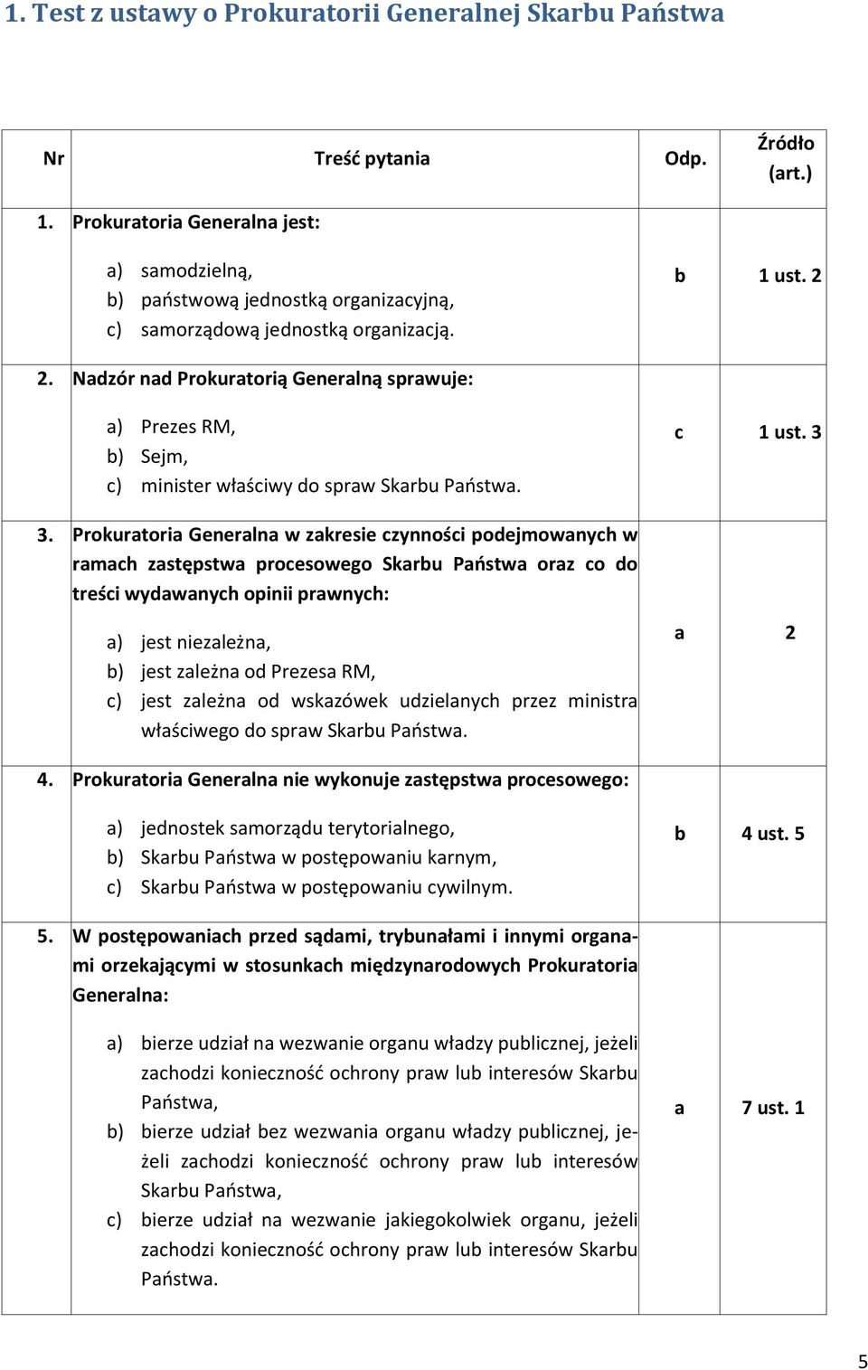 Prokurtori Generln w zkresie zynnośi podejmownyh w rmh zstępstw proesowego Skru Pństw orz o do treśi wydwnyh opinii prwnyh: ) jest niezleżn, ) jest zleżn od Prezes RM, ) jest zleżn od wskzówek