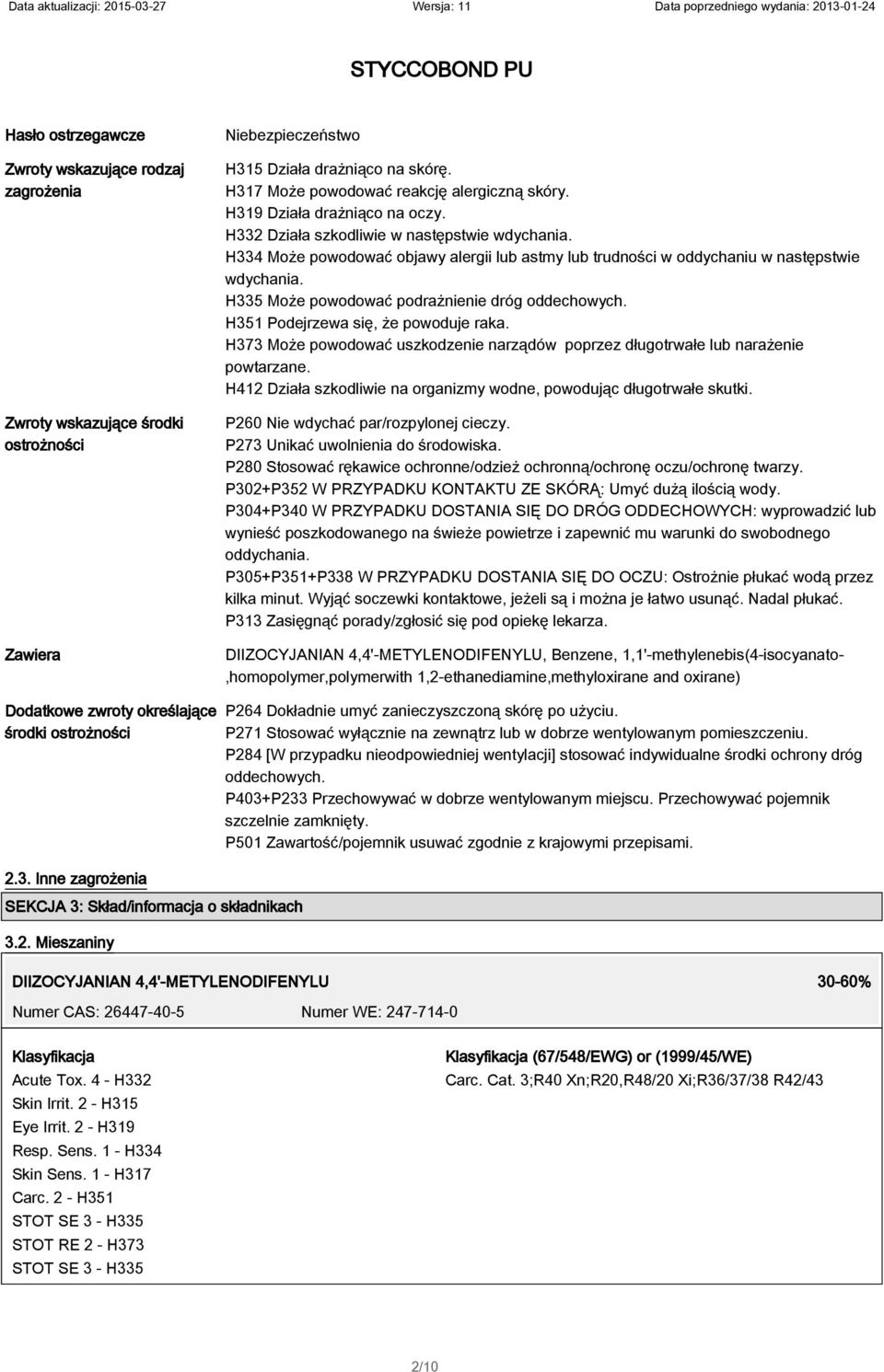 H335 Może powodować podrażnienie dróg oddechowych. H351 Podejrzewa się, że powoduje raka. H373 Może powodować uszkodzenie narządów poprzez długotrwałe lub narażenie powtarzane.
