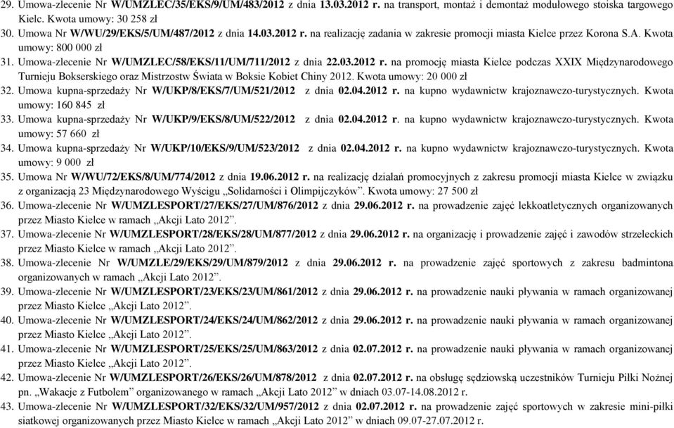 Umowa-zlecenie Nr W/UMZLEC/58/EKS/11/UM/711/2012 z dnia 22.03.2012 r. na promocję miasta Kielce podczas XXIX Międzynarodowego Turnieju Bokserskiego oraz Mistrzostw Świata w Boksie Kobiet Chiny 2012.