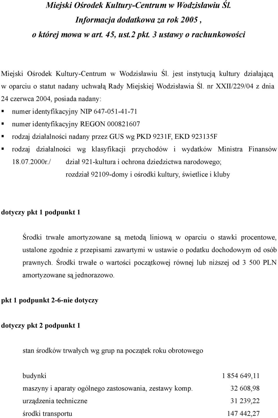 nr XXII/229/04 z dnia 24 czerwca 2004, posiada nadany: numer identyfikacyjny NIP 647-051-41-71 numer identyfikacyjny REGON 000821607 rodzaj działalności nadany przez GUS wg PKD 9231F, EKD 923135F